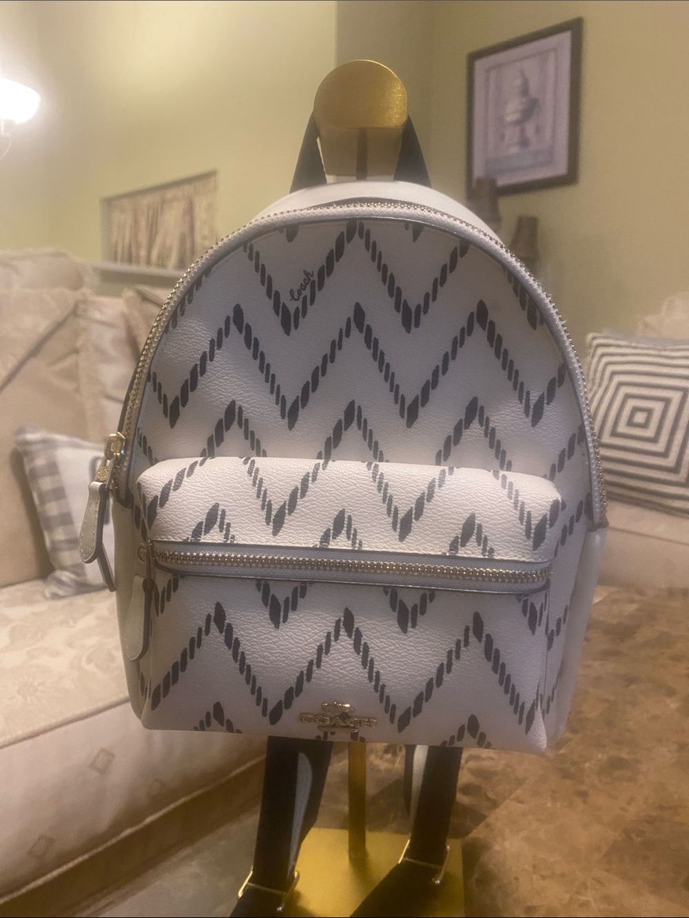 Coach White Chevron Mini Backpack with Black Pattern